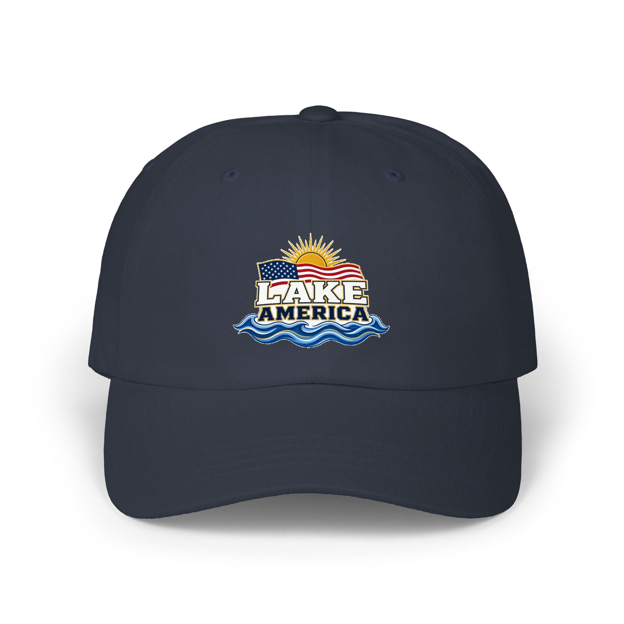 Lake America Dad Cap — Embroidered Sunset & Waves Baseball Hat