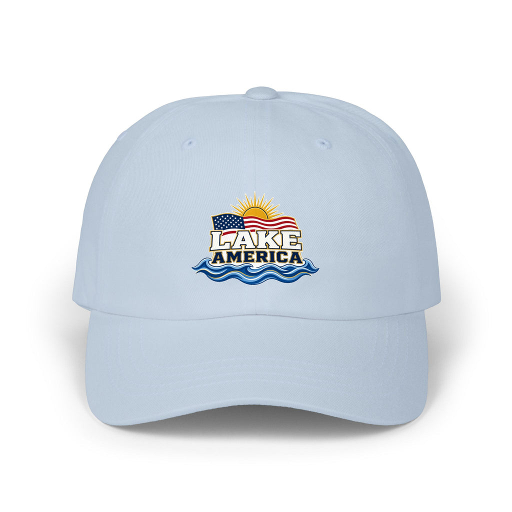 Lake America Dad Cap — Embroidered Sunset & Waves Baseball Hat