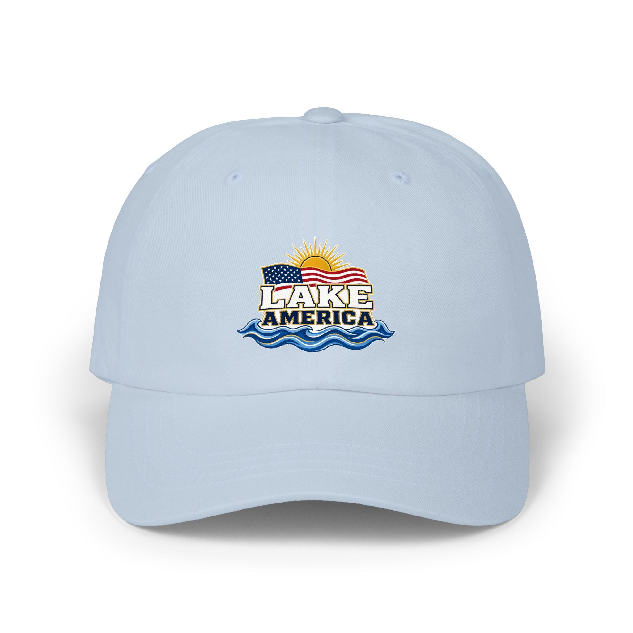 Lake America Dad Cap — Embroidered Sunset & Waves Baseball Hat