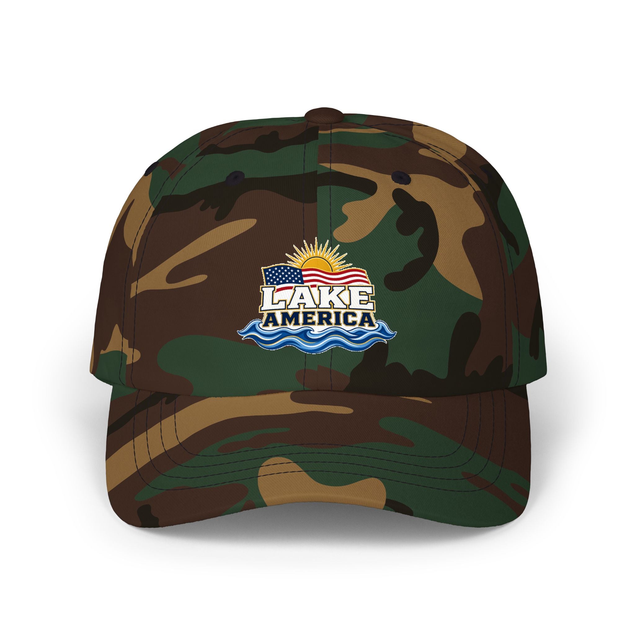 Lake America Dad Cap — Embroidered Sunset & Waves Baseball Hat