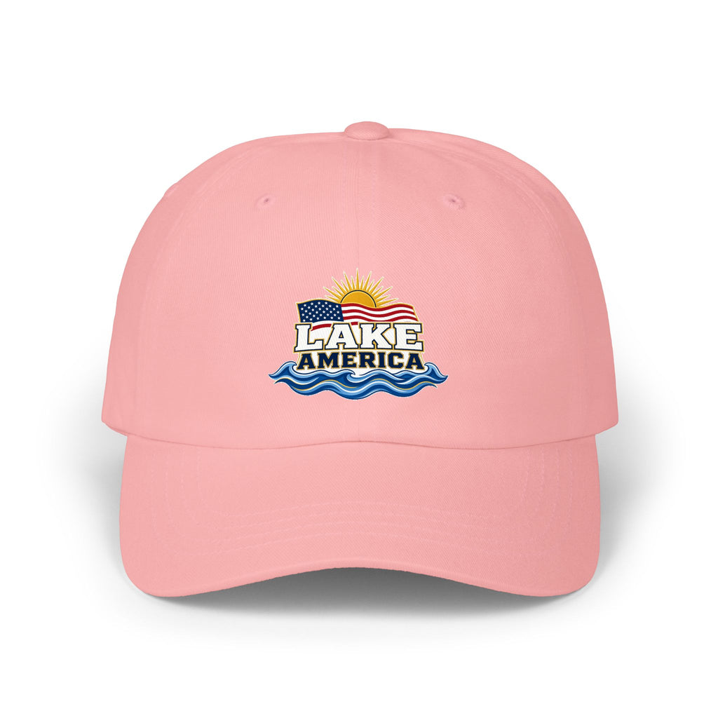 Lake America Dad Cap — Embroidered Sunset & Waves Baseball Hat