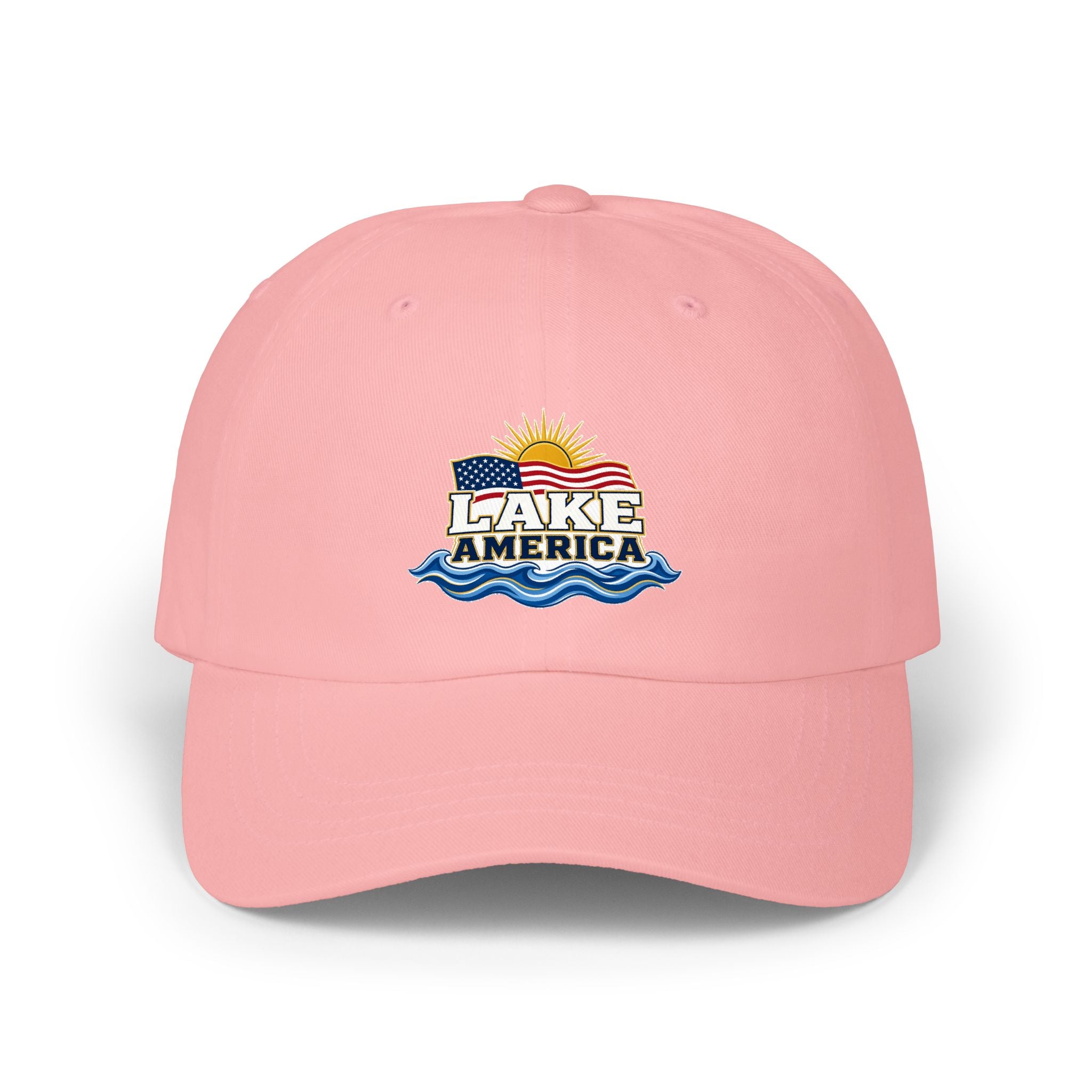 Lake America Dad Cap — Embroidered Sunset & Waves Baseball Hat