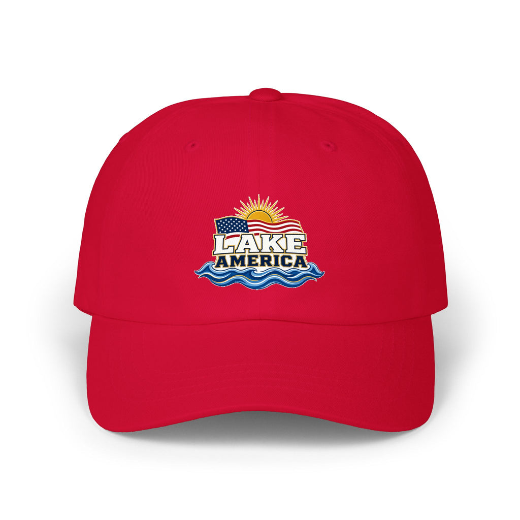 Lake America Dad Cap — Embroidered Sunset & Waves Baseball Hat