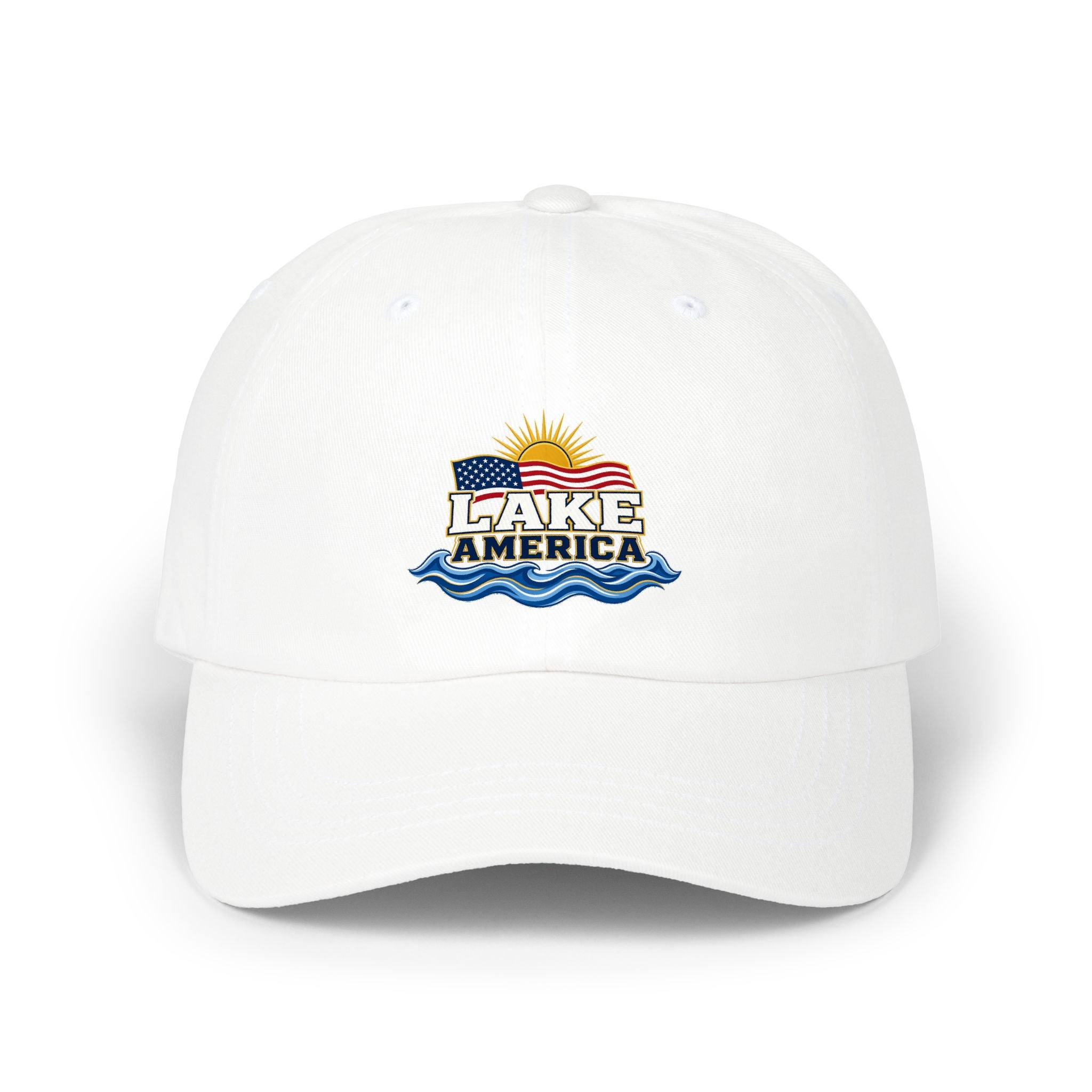 Lake America Dad Cap — Embroidered Sunset & Waves Baseball Hat
