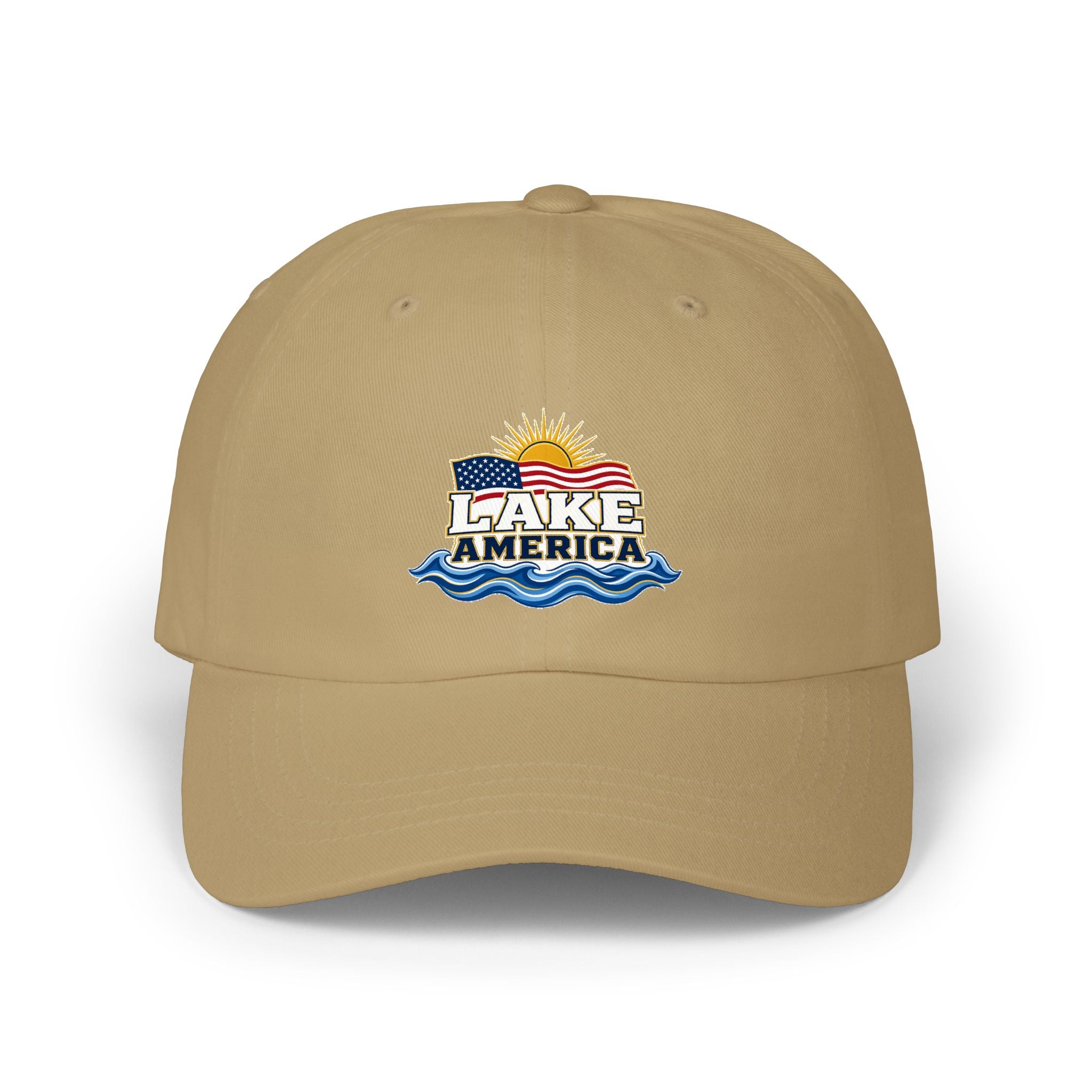 Lake America Dad Cap — Embroidered Sunset & Waves Baseball Hat